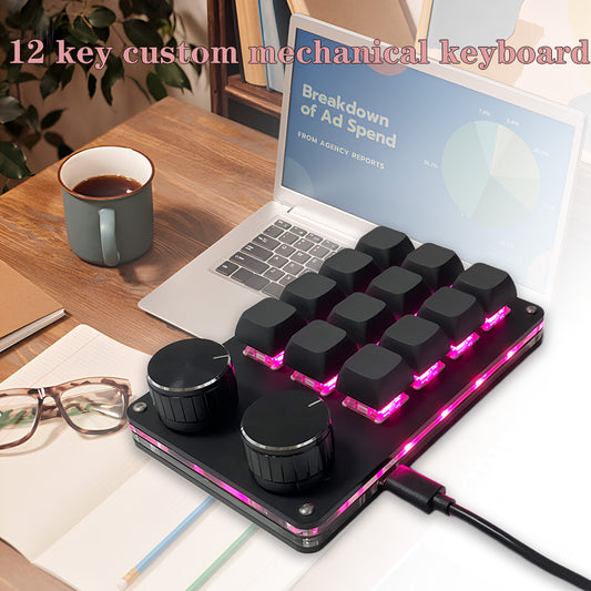 12-key with 2-knob custom mechanical keyboard, portable and durable, it is small, does not take up desktop space One-click